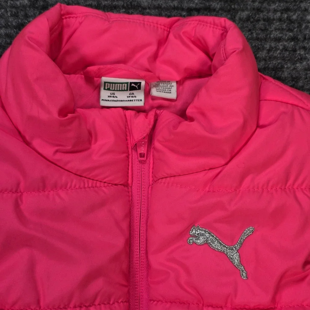 Puma Puffer Vest Girl's Size XS 5/6 Hot Pink‎ Glitter Logo Full Zip Activewear